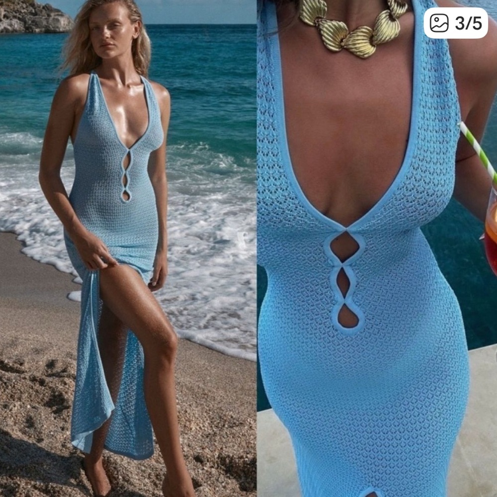 Monday Swimwear Light Blue Crochet Maxi Swim Cover-Up Dress